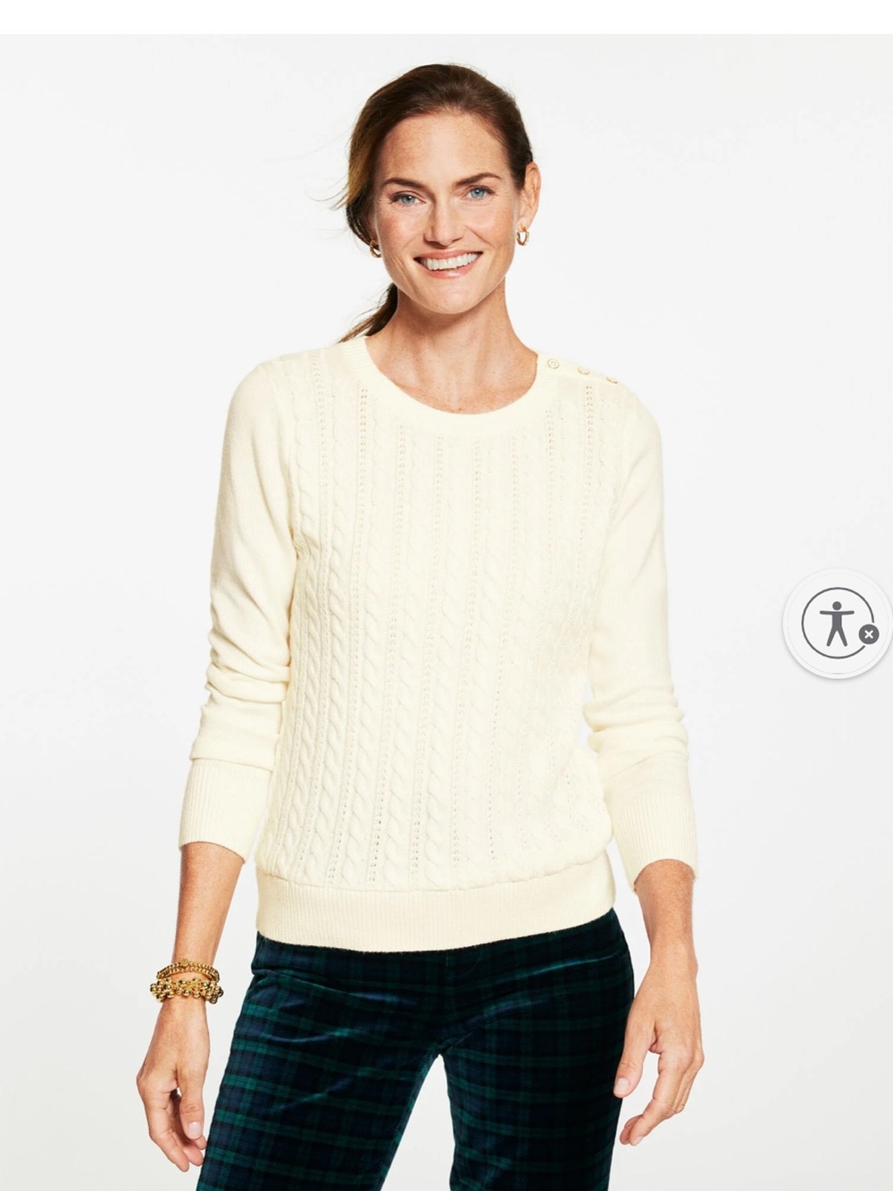 Talbots Cream Cable Crewneck Sweater with Shoulder Buttons cotton blend